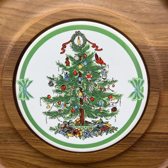 VTG Dolphin Christmas Tree Cheese Plate Board Teak Wood Tile ~12" Server Hot Dip - Picture 2 of 10